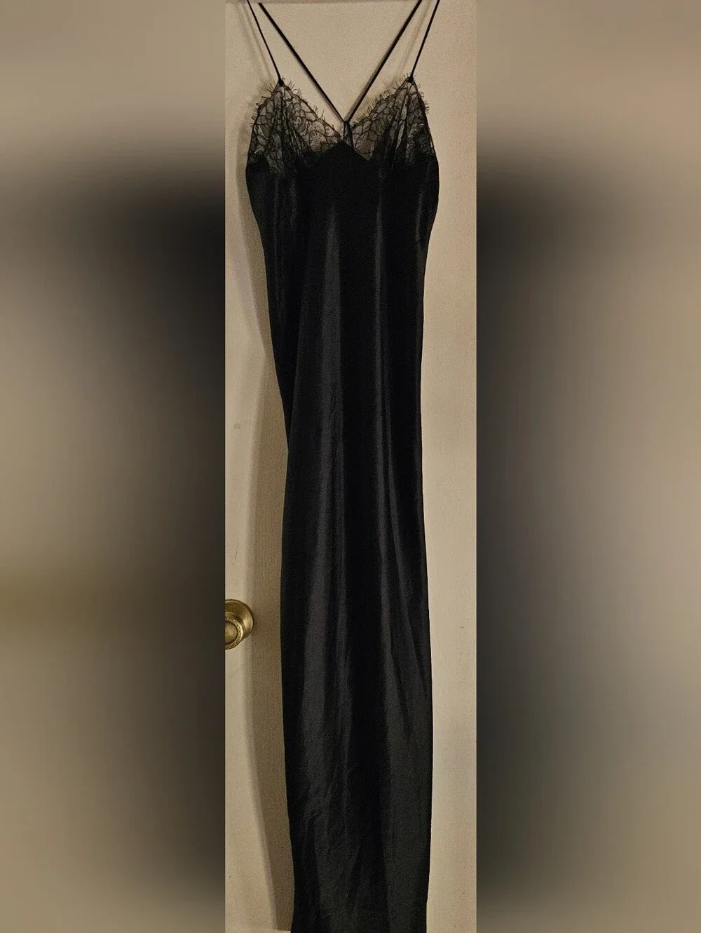 Vintage 90s Jessica Lynn Black Satin Lace Strappy Maxi Nightgown S